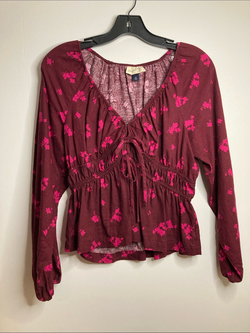 Universal Thread Burgundy Floral Boho Peasant Blouse Long Sleeve XS